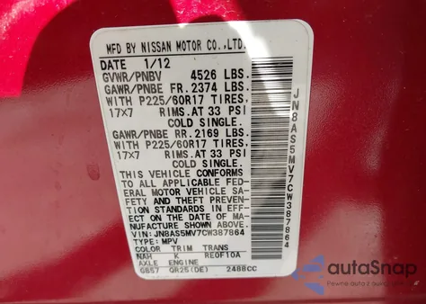 2012 Nissan Rogue Sv from USA, damaged, VIN JN8AS5MV7CW387864